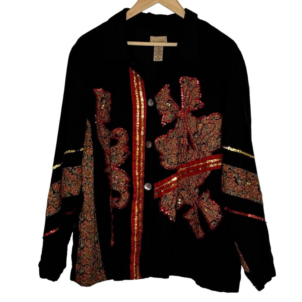 Sequined Embellished Asian Appliques Women's Shacket Jacket Size 1X